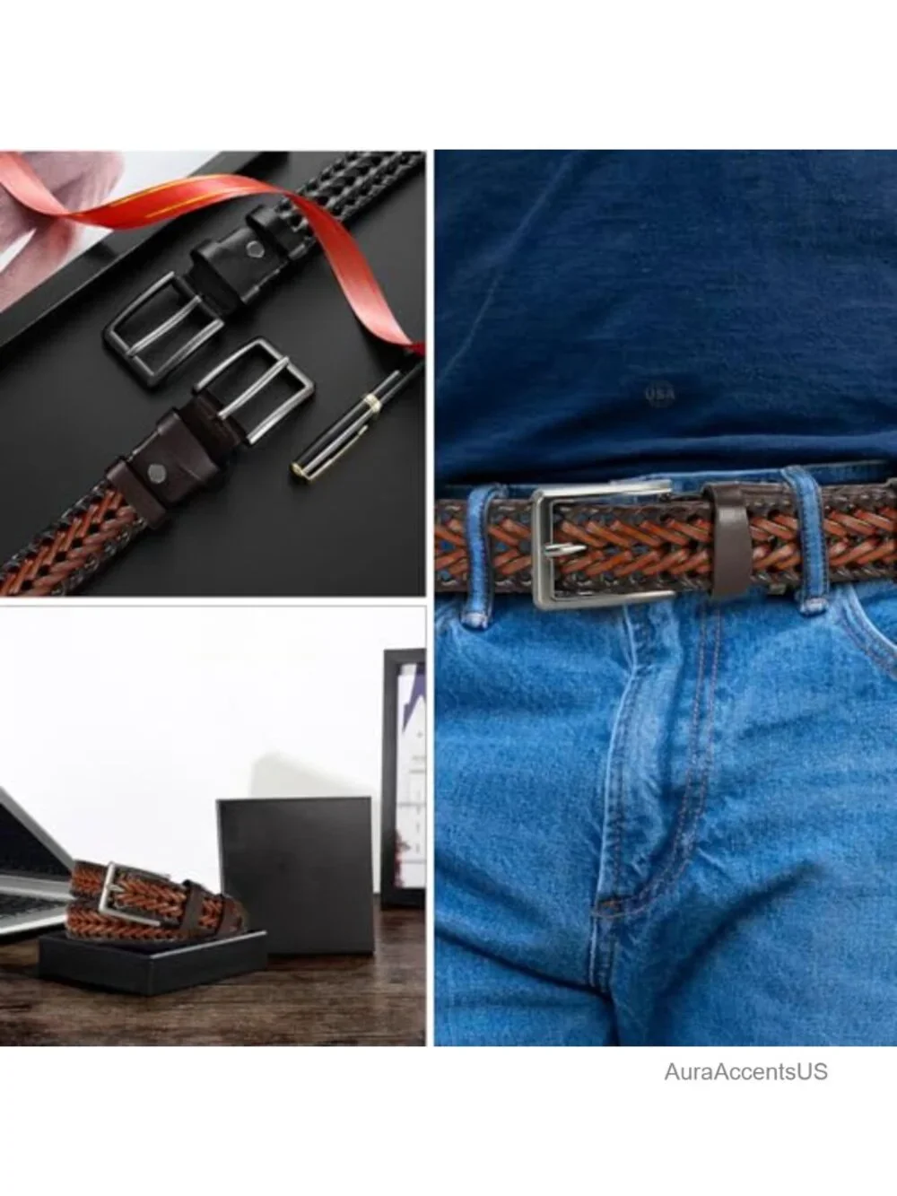Leather Braided Belt for Men Golf Casual Woven Belt Adjustable Zinc Alloy Buckle